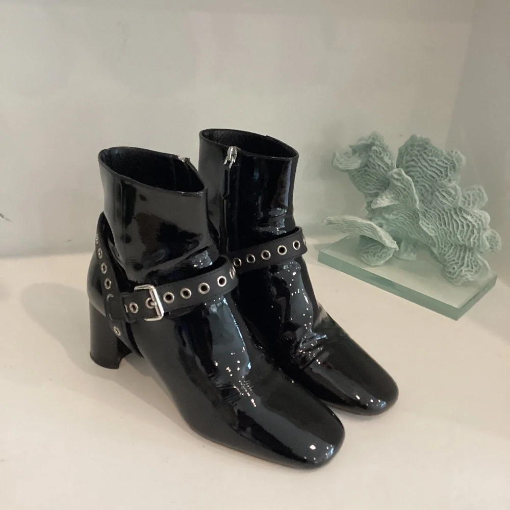 MIU MIU Eyelet Embellished Patent Leather Ankle Boots Black Size 37.5 7